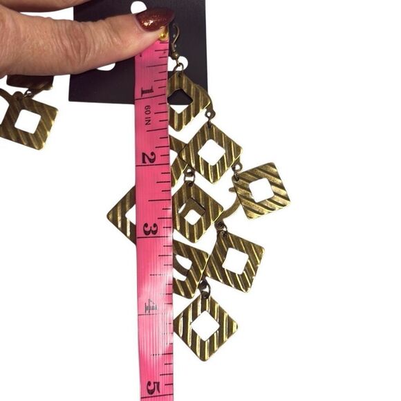 Bronze Geometric Square Hollow Chandelier Dangle Fashion Earrings Deco Boho 4.5" - Picture 5 of 5